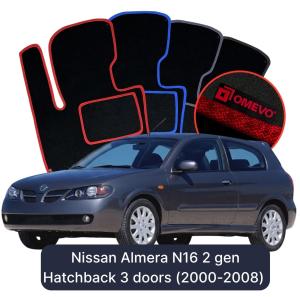 OMEVO Velour Car Mats for Nissan Almera N16 2 gen Hatchback 3 doors (2000-2008)