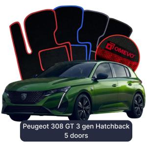 OMEVO Velour Car Mats for Peugeot 308 GT 3 gen Hatchback 5-door (2021–2025)